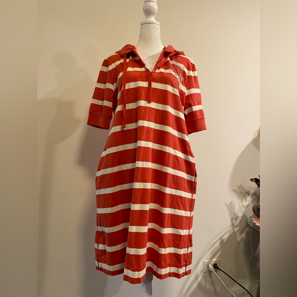 Ralph Lauren  French Terry Striped Orange and White Hooded Jersey Dress size L
